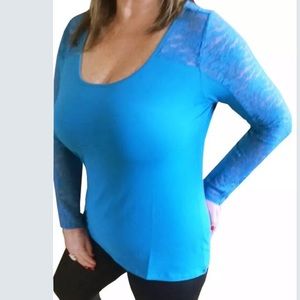Blue Plus Sz Long Sleeve Lace Scoop Neck Blouse